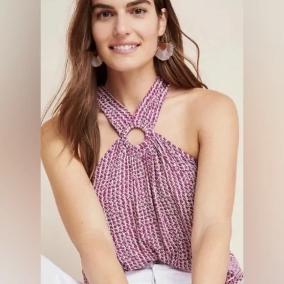 Maeve By Anthropologie Halter Neck Tank, Size 2, Pink/Burgundy/Cream - Picture 1 of 9